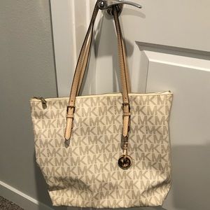 White/Cream signature leather monogram tote bag